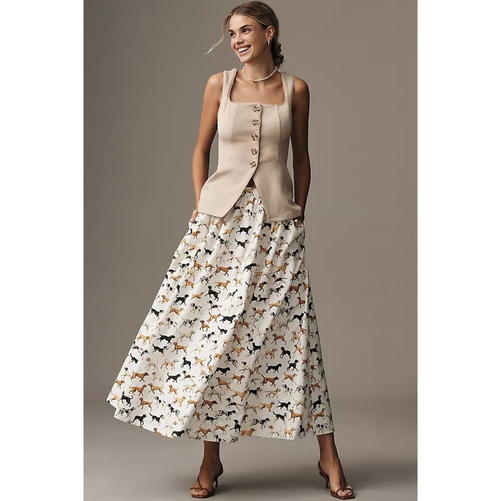 Maeve Cream Tank Top with White Horse-Print Midi Skirt